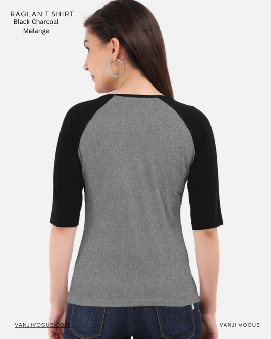 Women's Raglan T-Shirt-Black Charcoal Melange