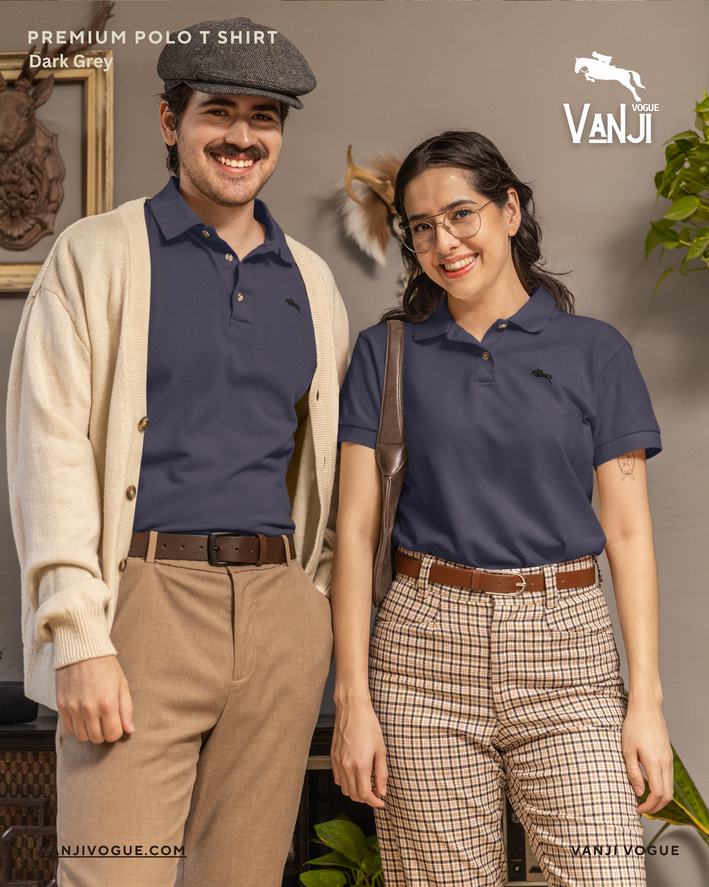 Man and woman wearing dark grey Premium Cotton Polo T Shirt by VanjiVogue