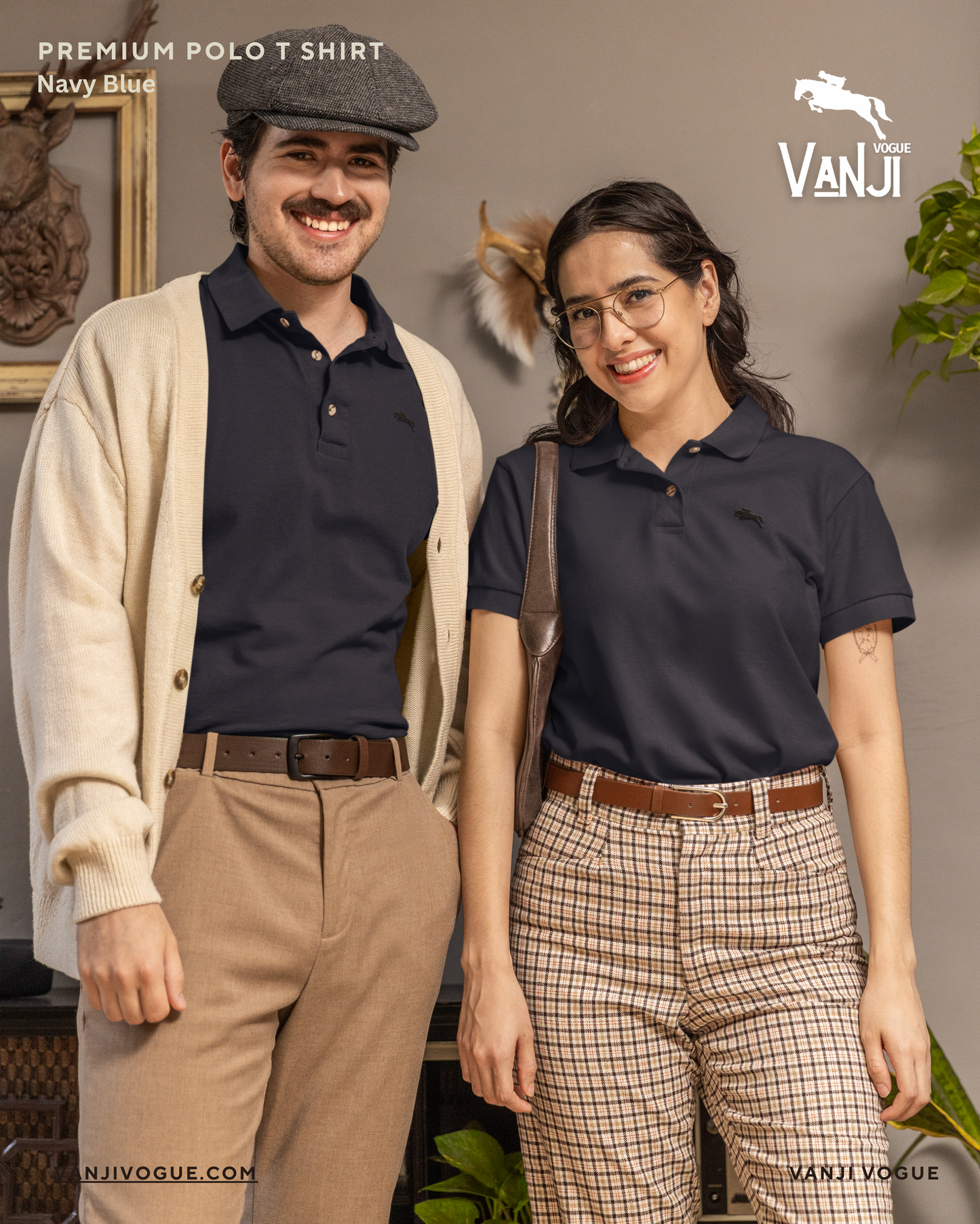 Man and woman wearing navy blue Premium Cotton Polo T Shirt styled with casual and smart outfits