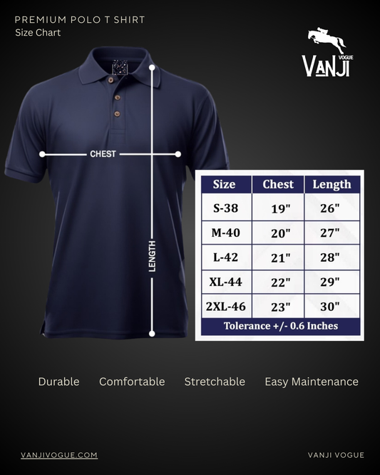 Navy blue Premium Cotton Polo T Shirt size chart with chest and length measurements