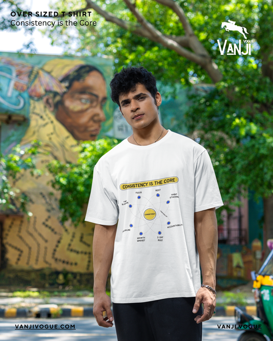 Men wearing men's motivational t shirt with consistency is the core design outdoors near colorful mural