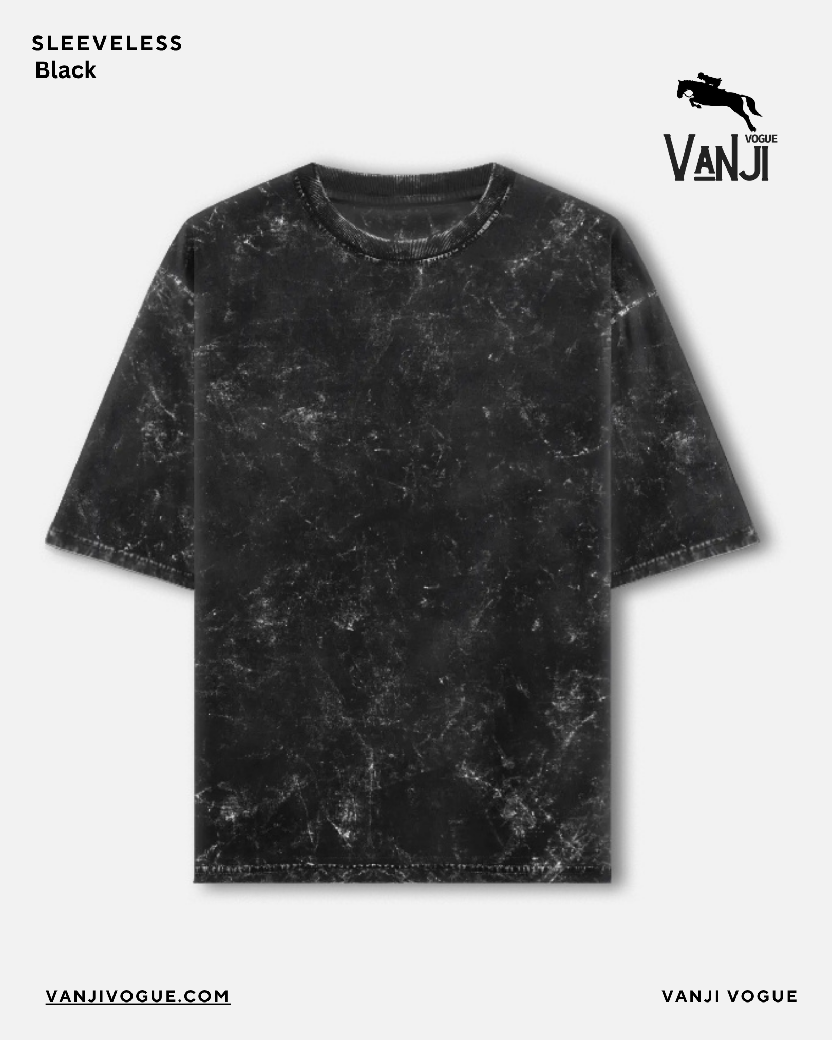 Qikink black acid washed oversized tee round neck t shirt with sleeveless design