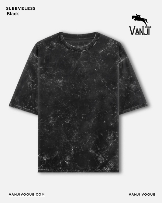 Qikink black acid washed oversized tee round neck t shirt with sleeveless design