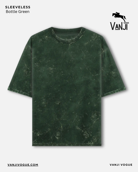 Qikink sleeveless round neck acid washed oversized tee in bottle green color