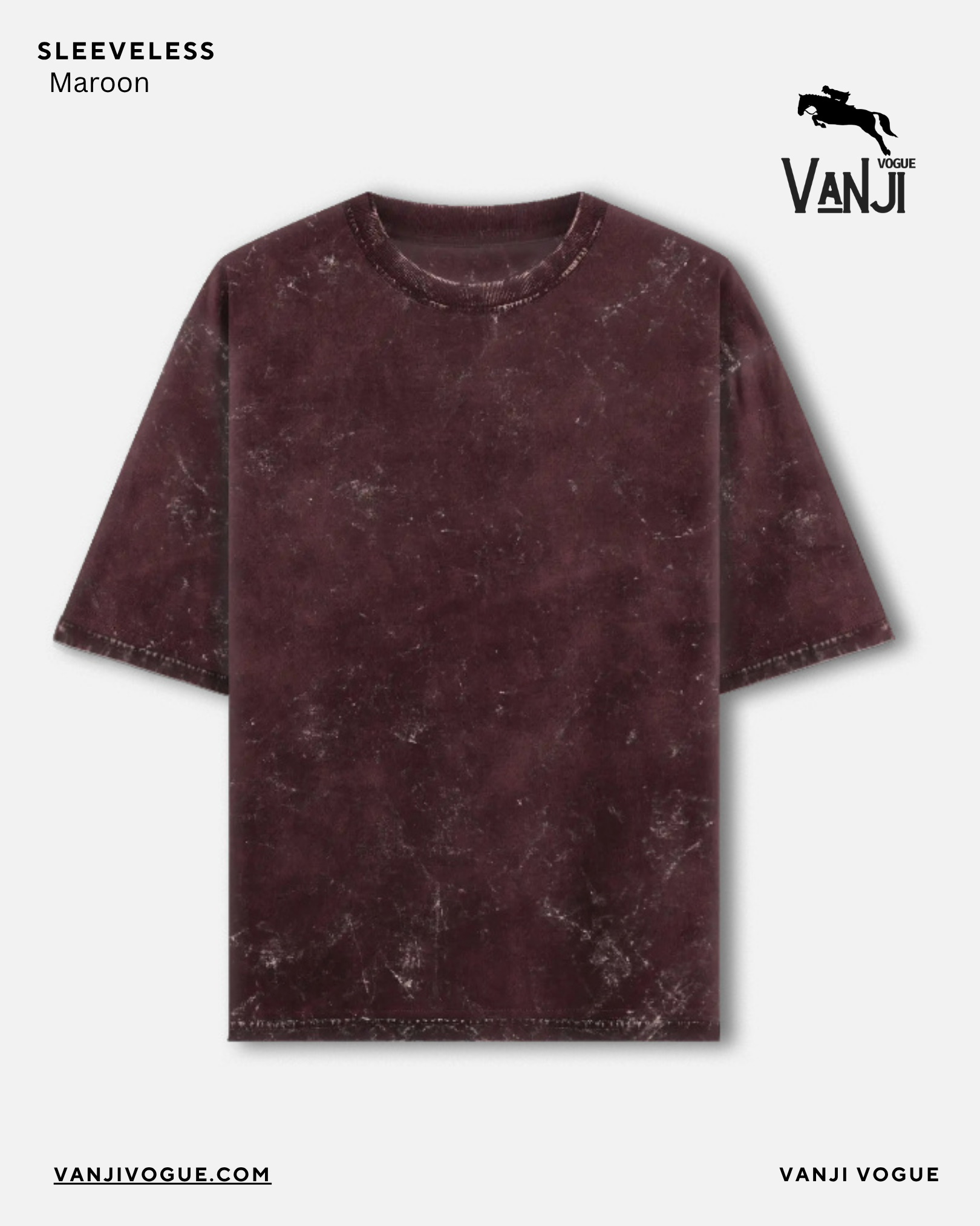 Maroon acid washed oversized tee sleeveless round neck T shirt by Qikink