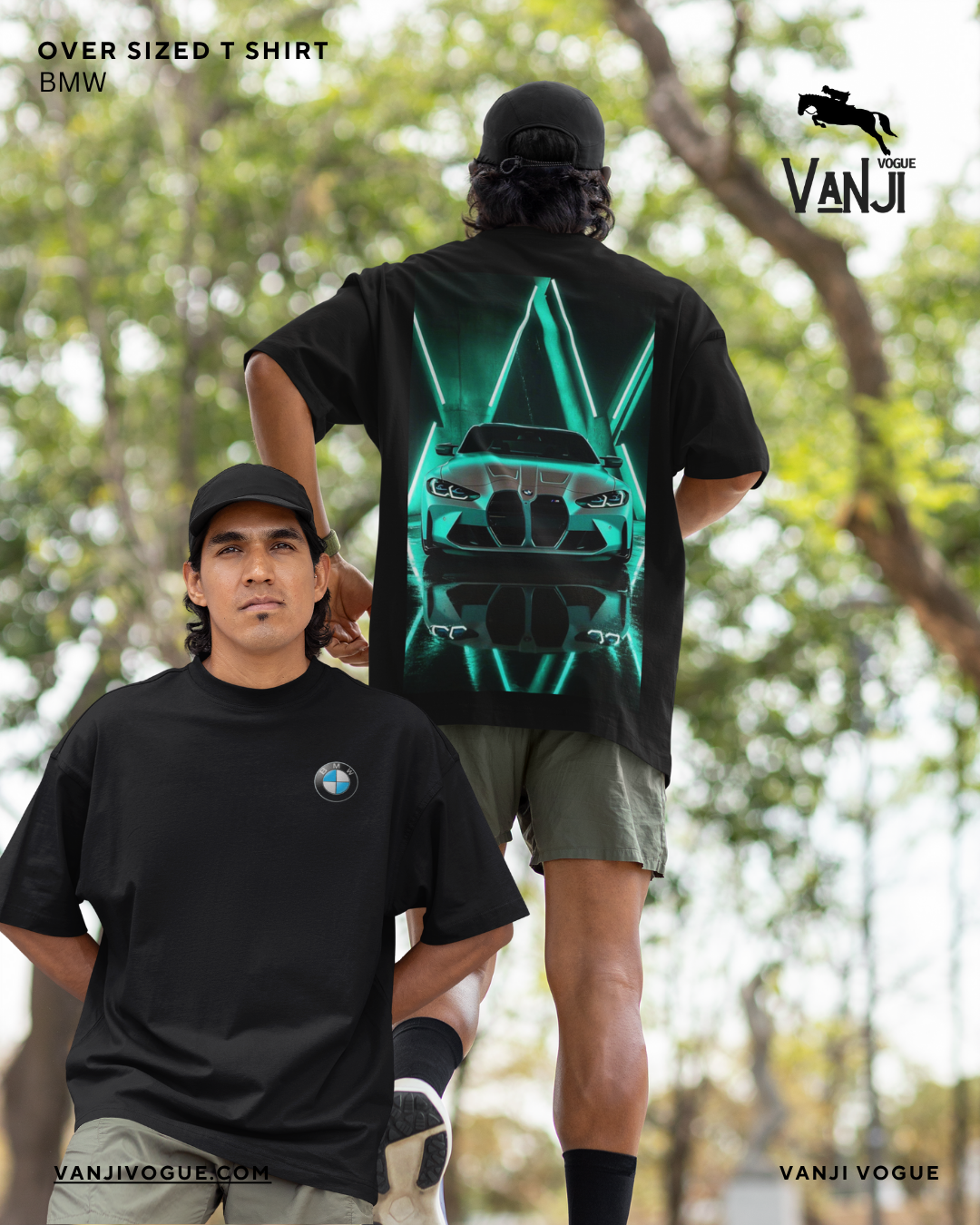 Black oversized t-shirt with BMW logo front and neon BMW inspired streetwear car graphic on back