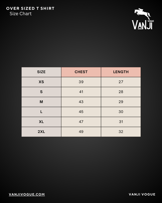 Size chart for oversize T shirt in BMW inspired streetwear with chest and length measurements
