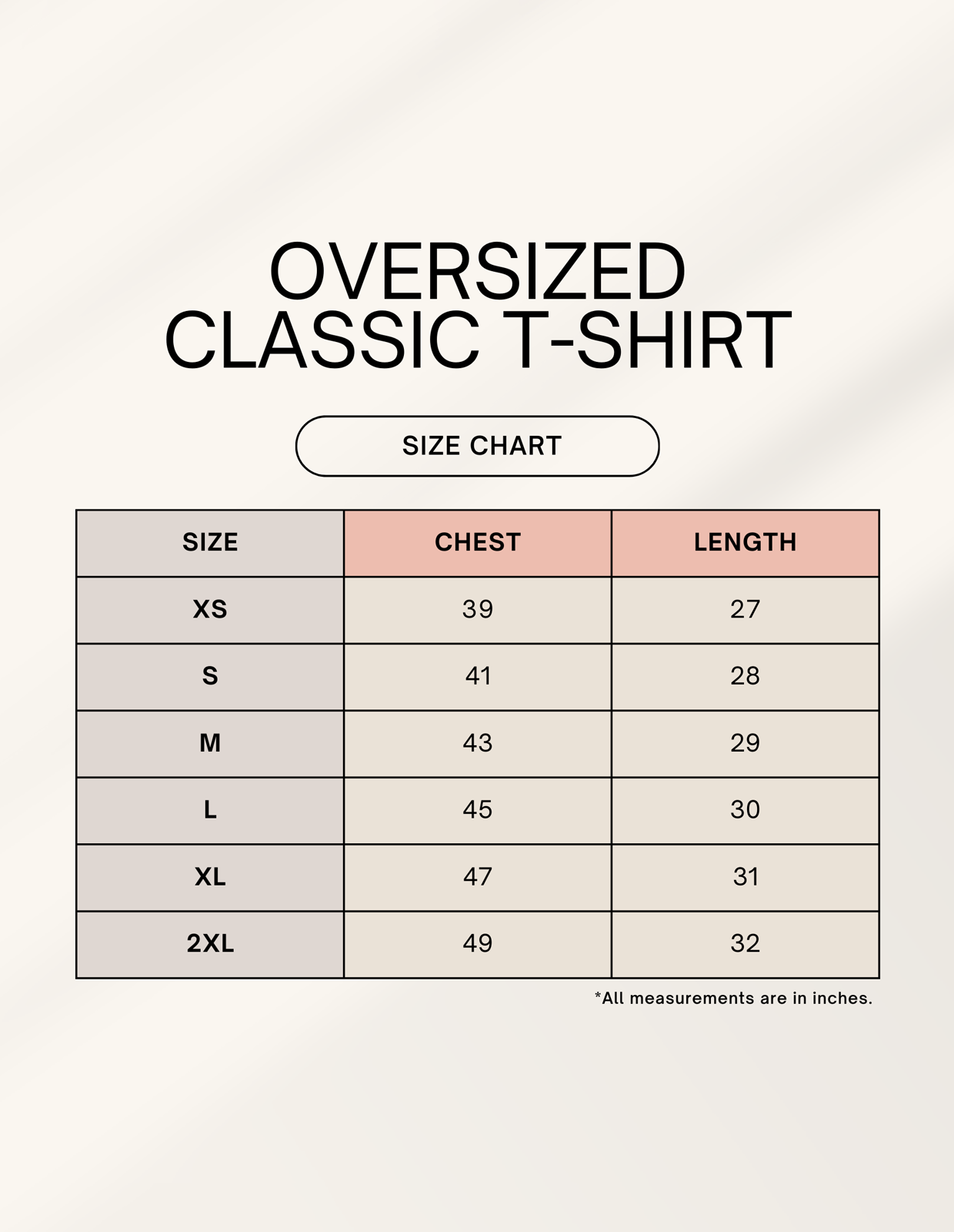 Size chart for BMW oversized t-shirt showing chest and length measurements in inches from XS to 2XL