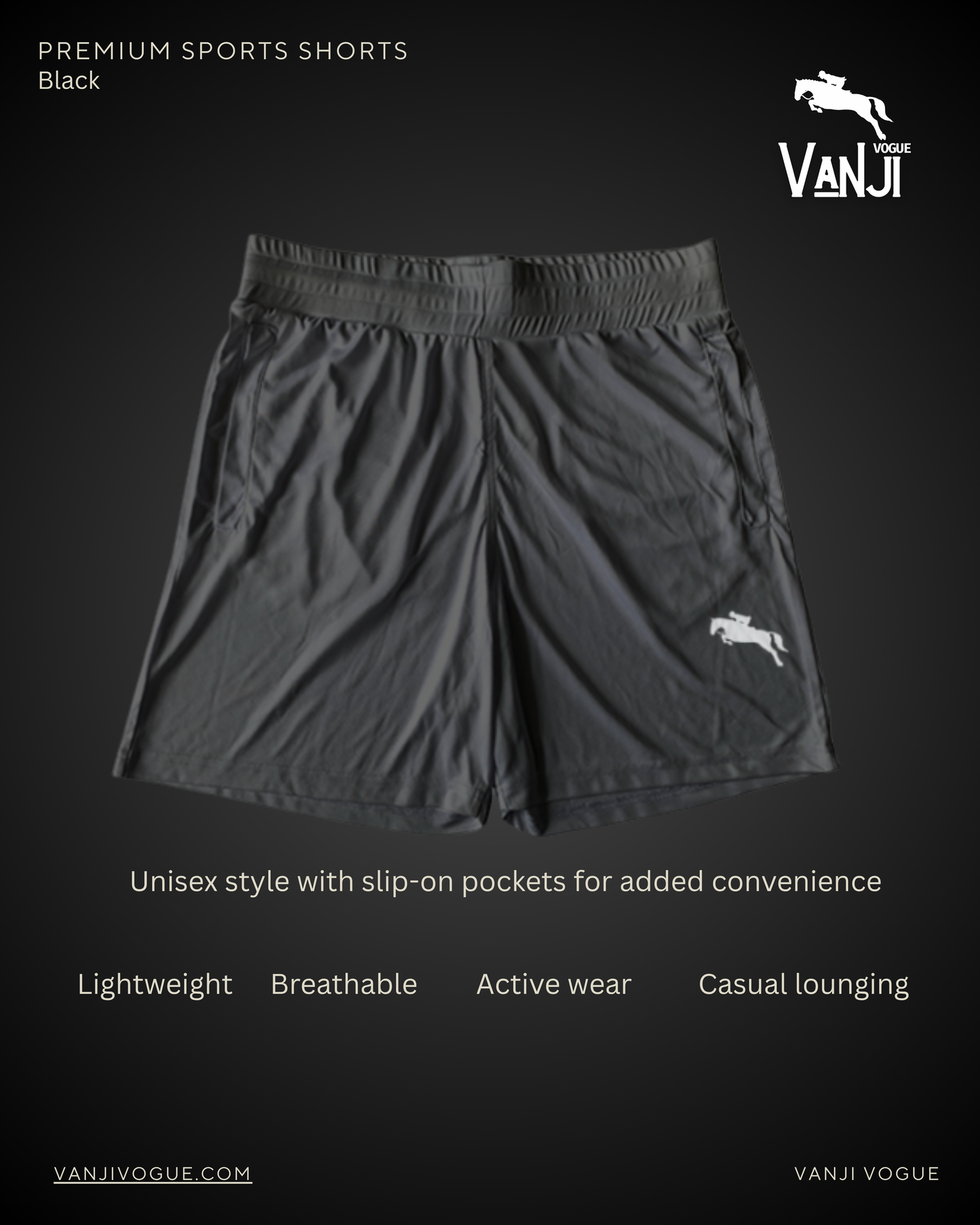 Black breathable sports shorts for men and women with slip-on pockets and lightweight fabric