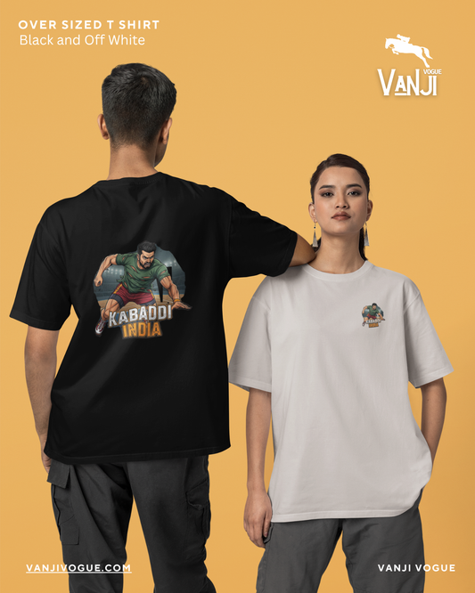 Classic graphic tee kabaddi india oversized t shirt in black and off white byVanjiVogue featuring kabaddi player design