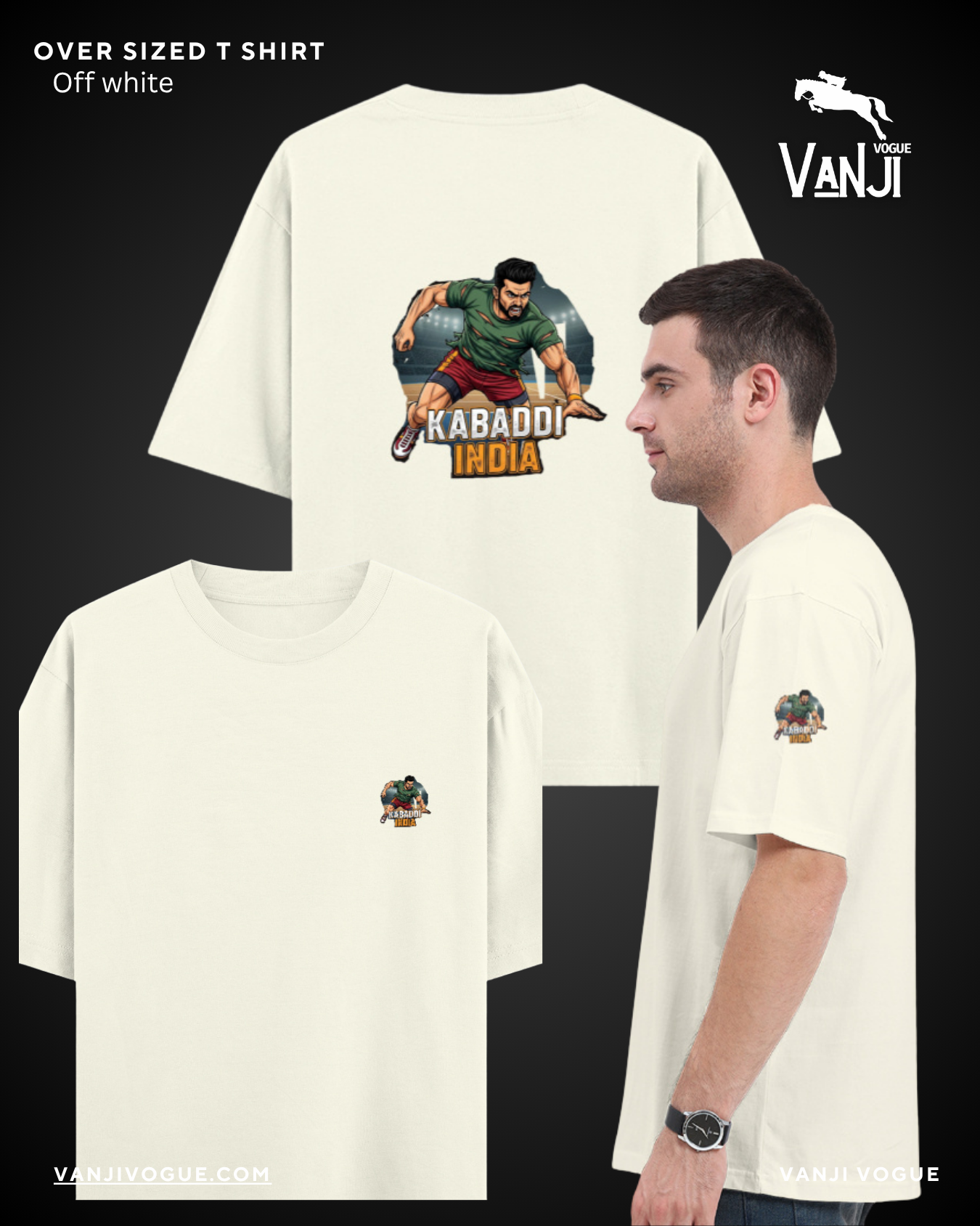 Off white classic graphic tee kabaddi india with kabaddi player design on back and small logo on front