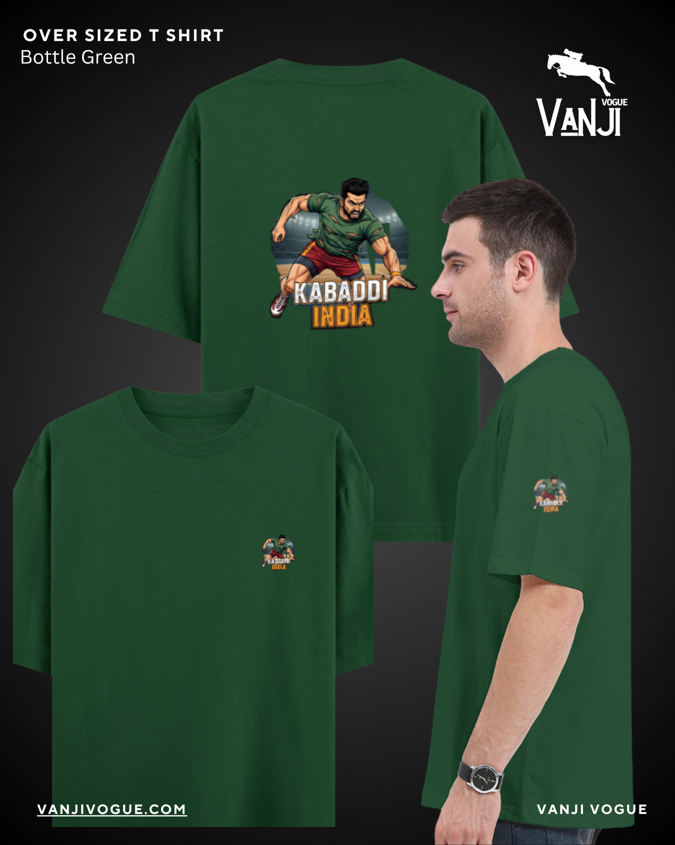 Bottle green oversized T shirt by VanjiVogue featuring classic graphic tee kabaddi india design on back and sleeves