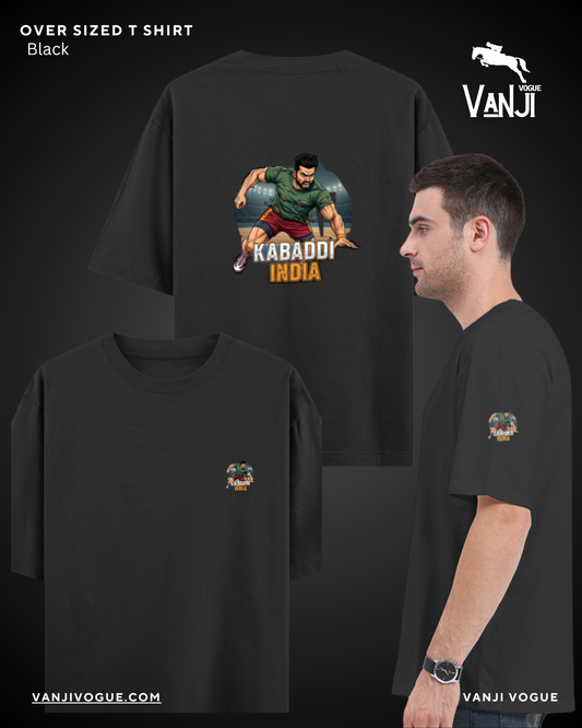 Black oversized classic graphic tee kabaddi india with kabaddi player illustration on back and small logo on chest and sleeve