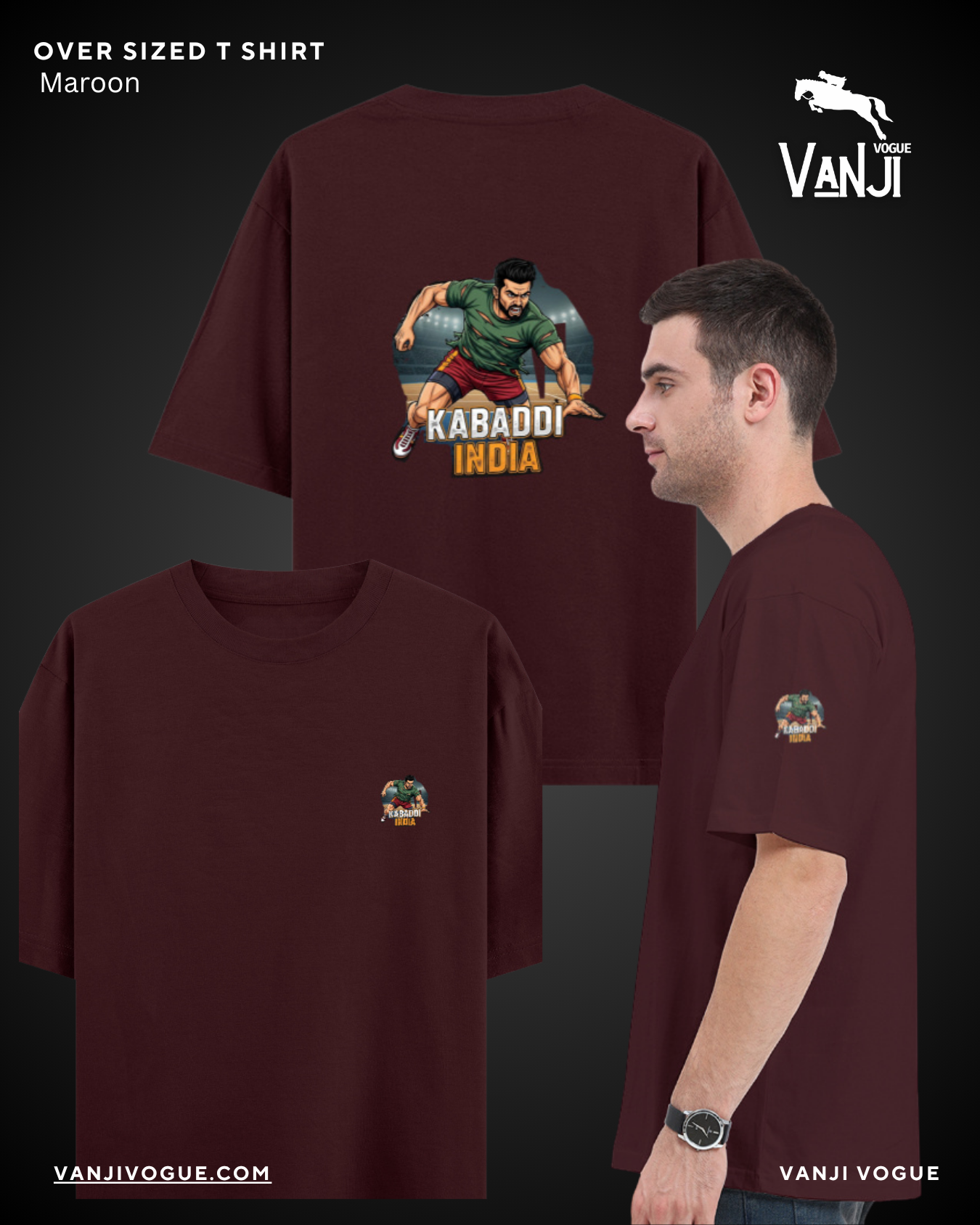 Maroon oversized t shirt from VanjiVogue featuring a classic graphic tee kabaddi india design with a player illustration