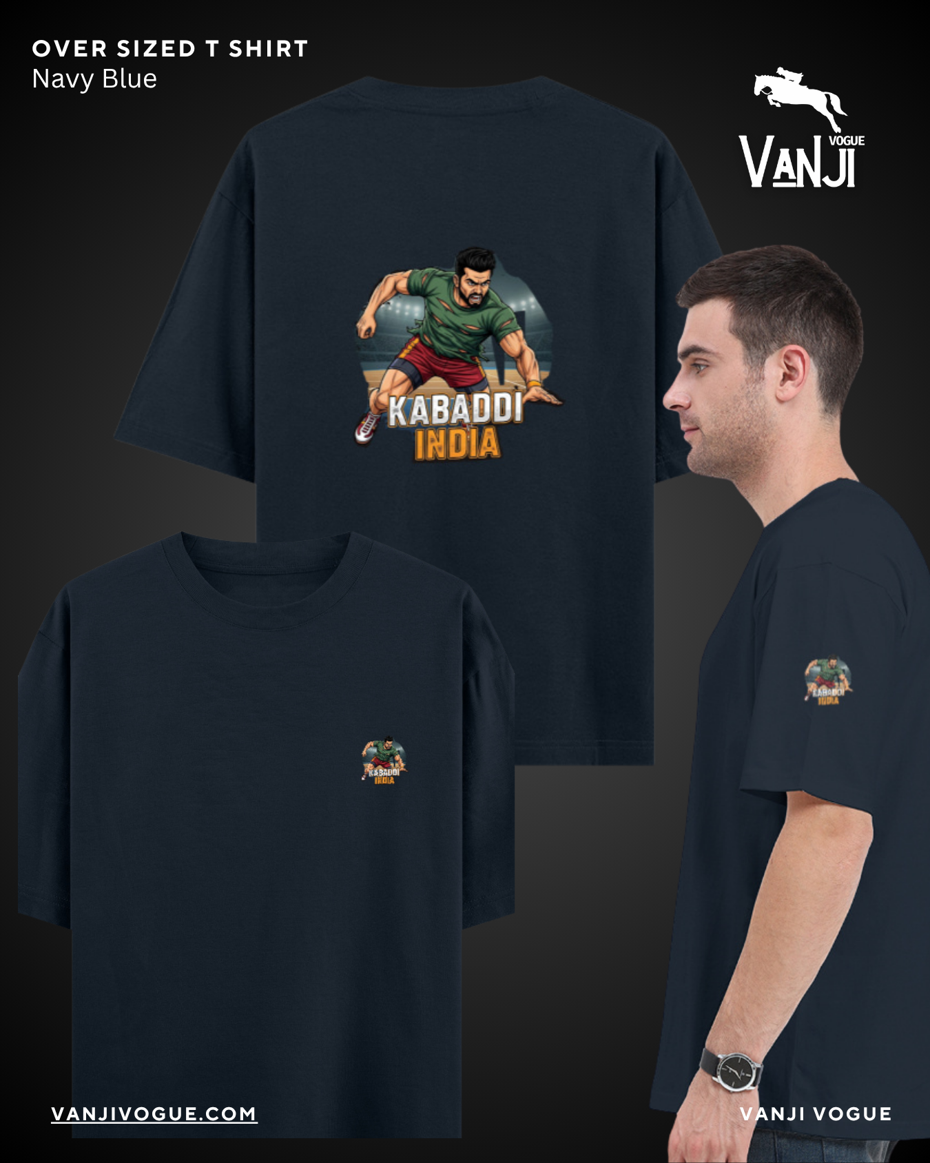 Navy blue classic graphic tee kabaddi india oversized t shirt with kabaddi player design