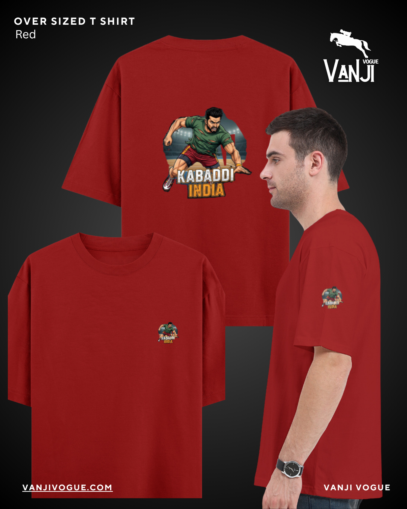 Red oversized classic graphic tee kabaddi india byVanjiVogue featuring kabaddi player illustration on back and small logo on front