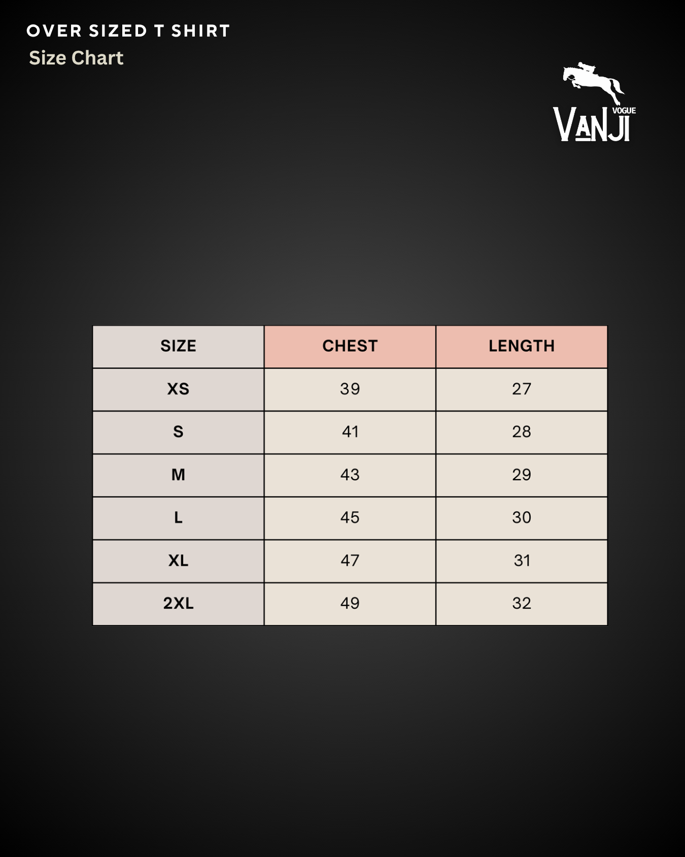 Size chart for oversized classic graphic tee kabaddi india with chest and length measurements