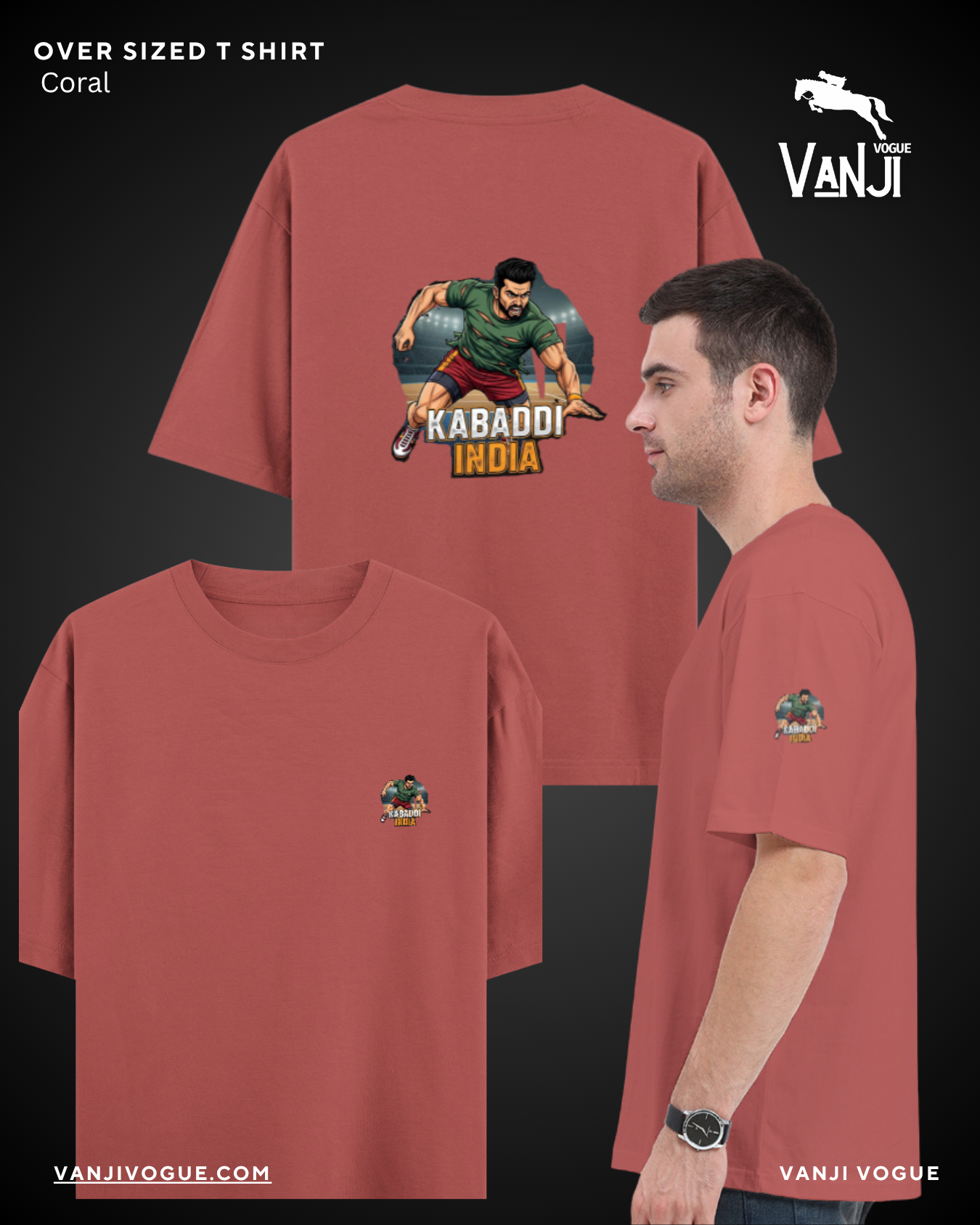 Coral oversized T shirt byVanjiVogue featuring classic graphic tee kabaddi india design with player illustration on back