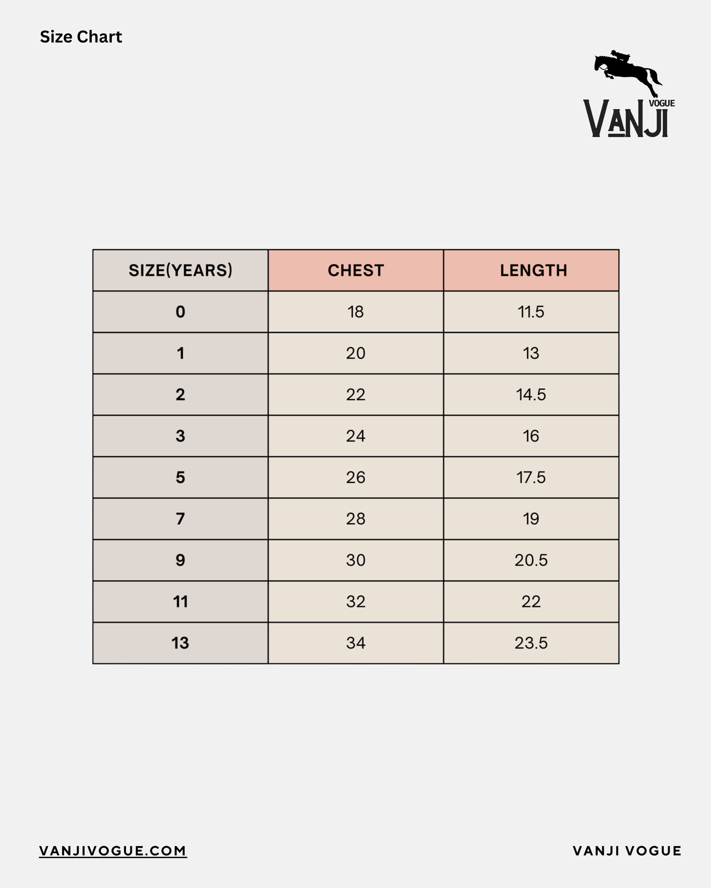 Girls crew neck t-shirt size chart showing chest and length measurements for ages 0 to 13 years