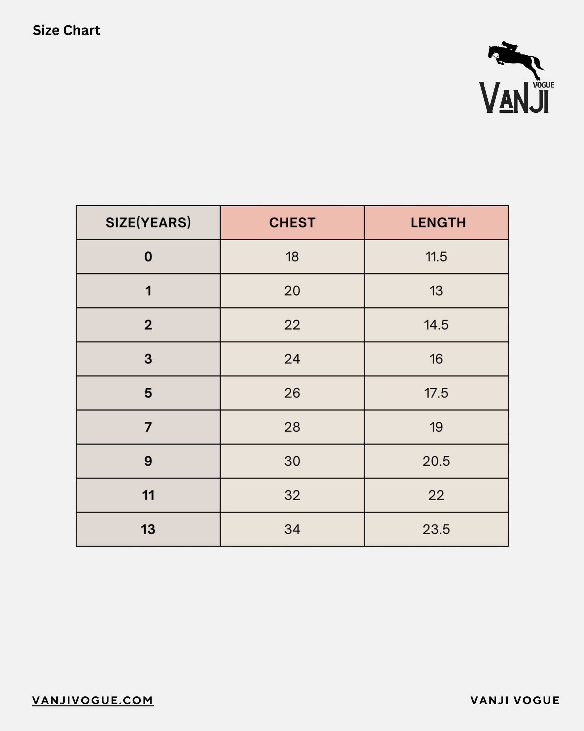 Girls crew neck t-shirt size chart showing chest and length measurements for ages 0 to 13 years