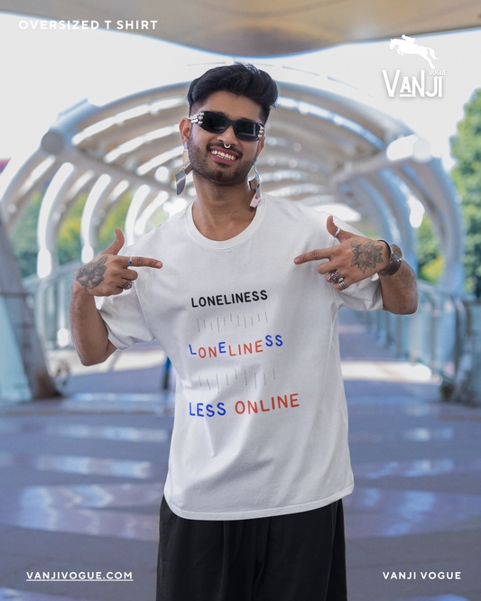 Man wearing white oversized loneliness print t shirt with colorful text design outdoors