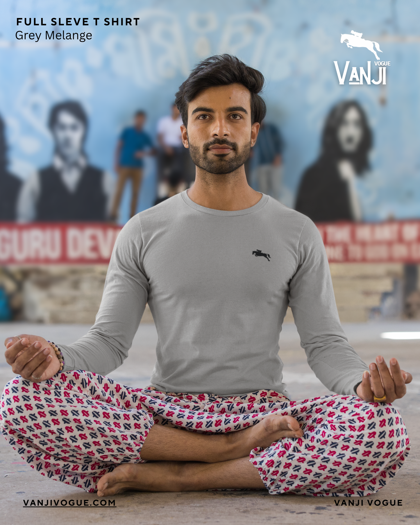 Men wearing grey melange men's full sleeve t shirt by Qikink sitting cross-legged in a yoga pose