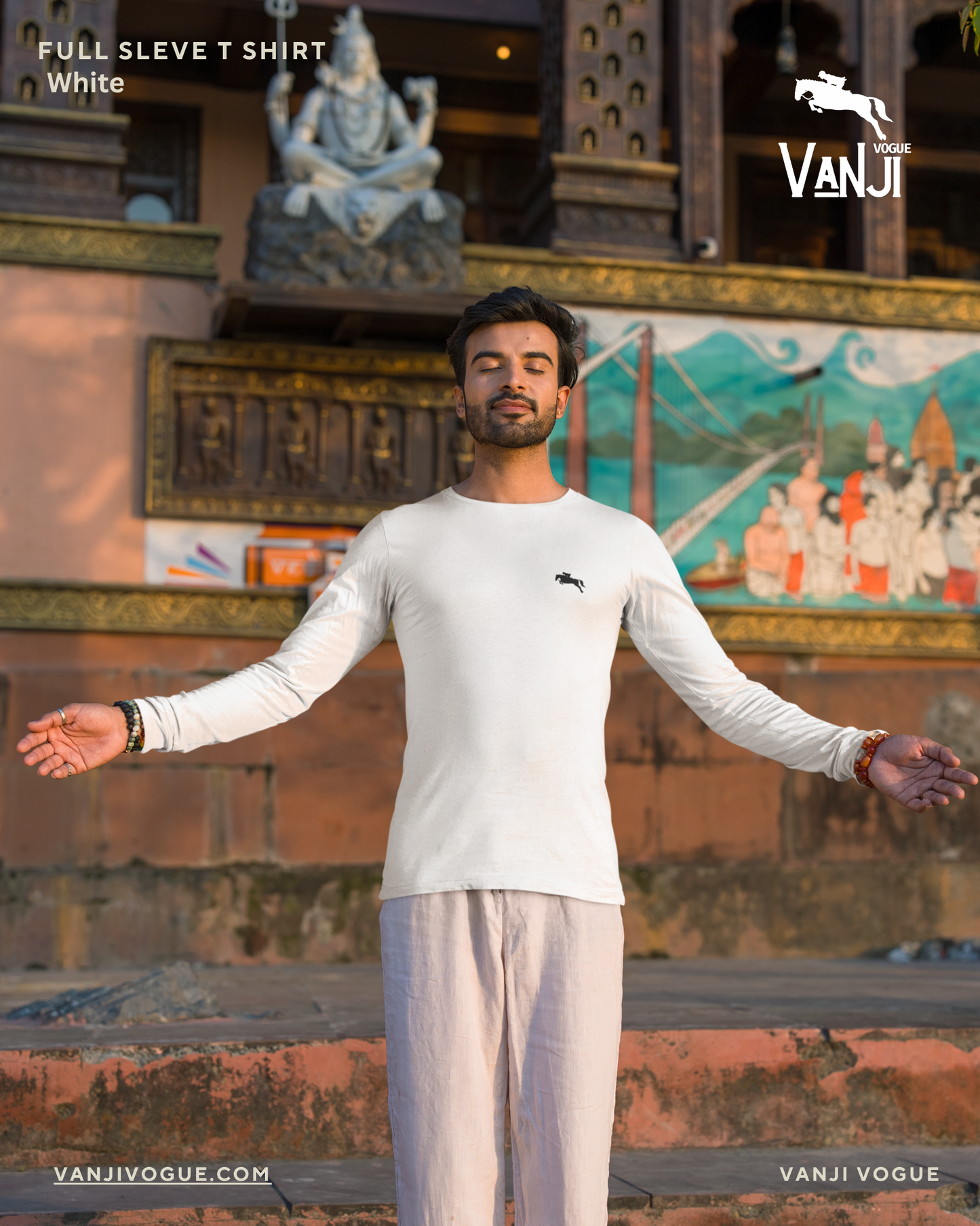 Men's full sleeve t shirt by Qikink in white round neck worn by a man standing with arms outstretched