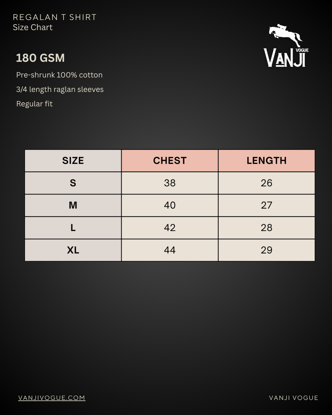 Size chart for premium raglan t shirt by Qikink with chest and length measurements in inches