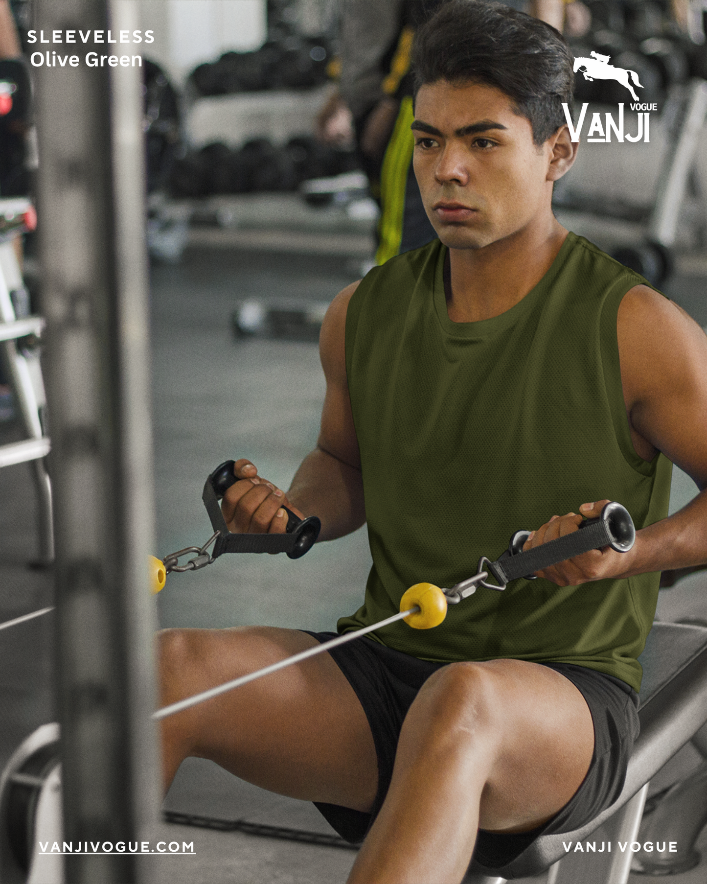Qikink workout sleeveless shirt for men in olive green worn by man exercising on gym machine