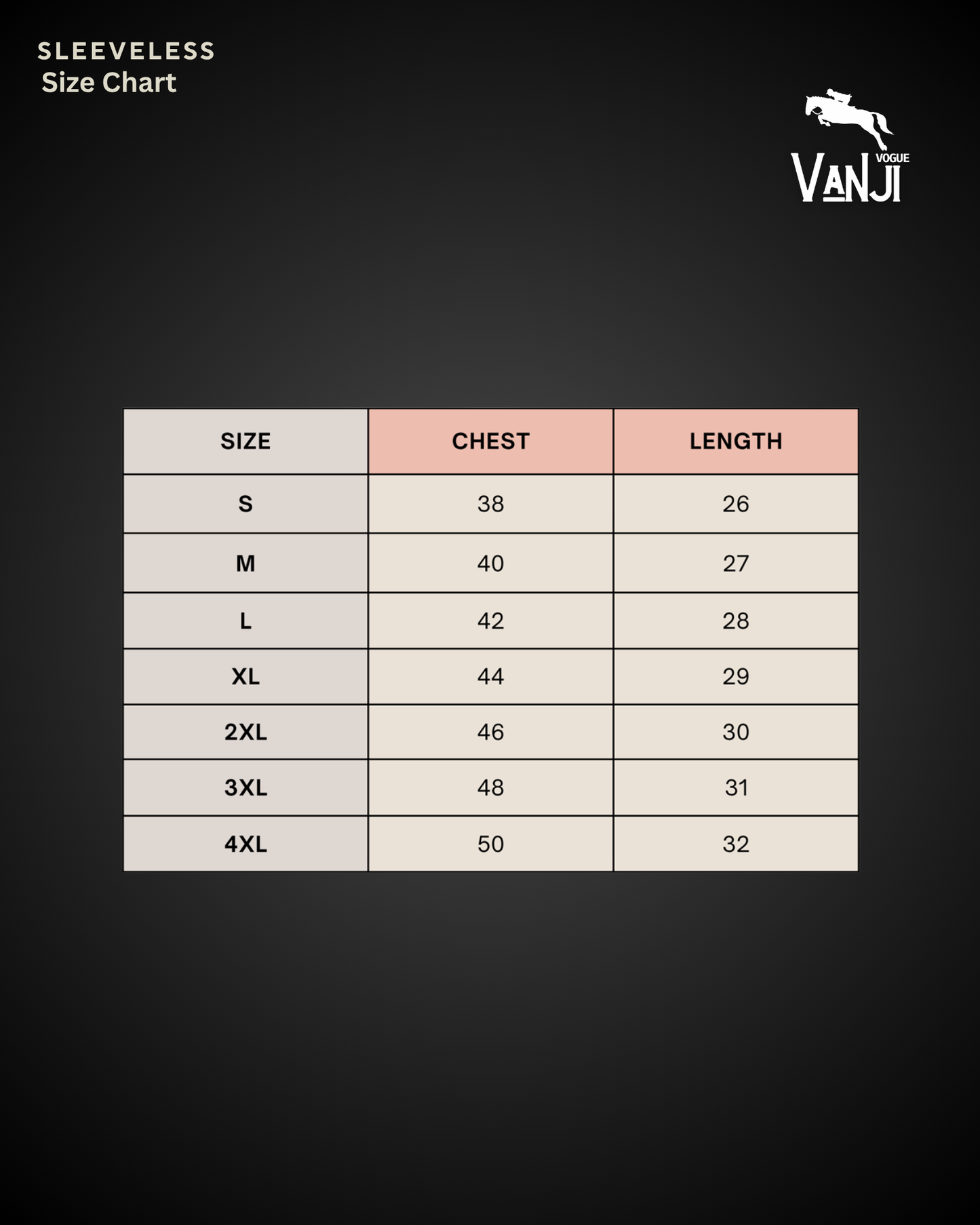 Workout sleeveless shirt for men size chart showing chest and length measurements from S to 4XL