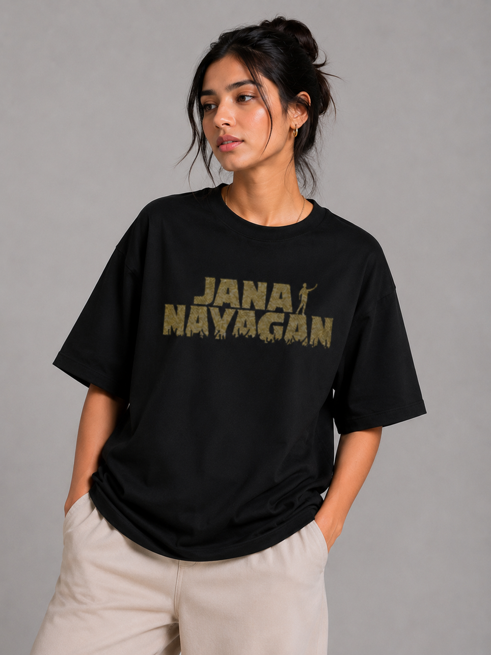 Black Graphic T-Shirt – Jana Nayagan Gold Print - view 2