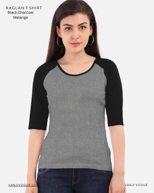 Women's Raglan T-Shirt-Black Charcoal Melange