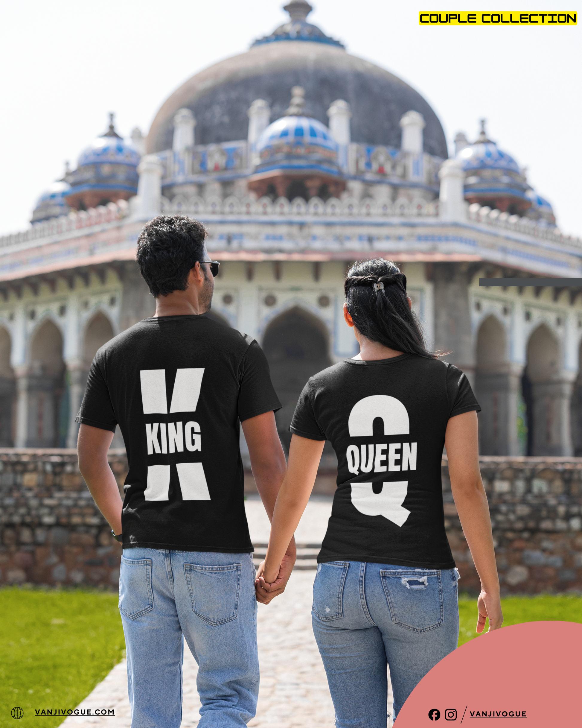 Two people wearing black t-shirts with 'KING' and 'QUEEN' printed on them, standing in front of a decorative building.