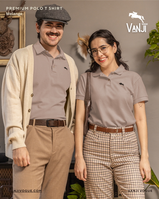 Man and woman wearing premium cotton polo t shirt in beige from VanjiVogue styled casually indoors