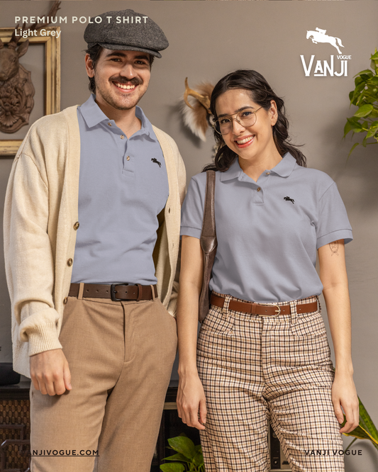 Man and woman wearing light grey Premium Cotton Polo T Shirt by VanjiVogue styled with casual pants and accessories
