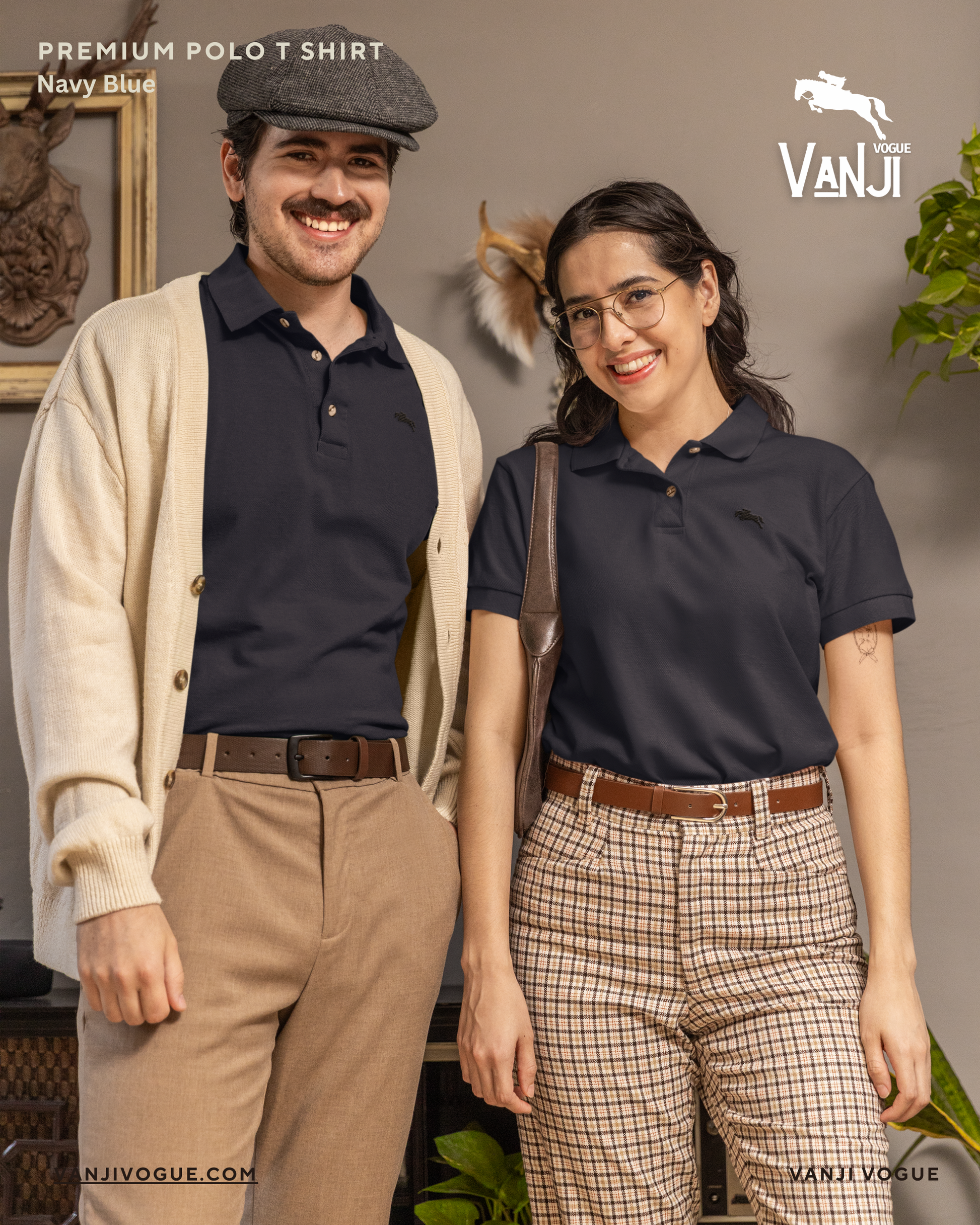 Man and woman wearing navy blue Premium Cotton Polo T Shirt styled with casual and smart outfits