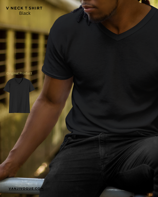 Black Men's V Neck T Shirt by worn by man sitting outdoors in casual style