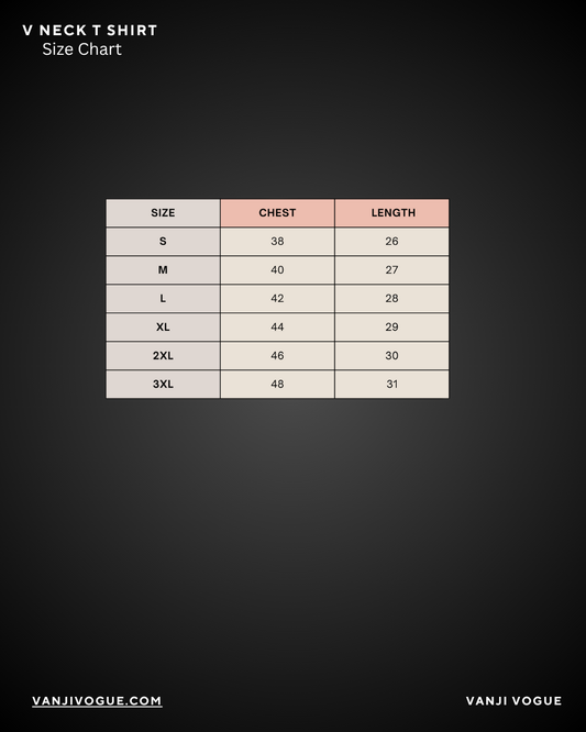 Size chart for Men's V Neck T Shirt showing chest and length measurements in multiple sizes