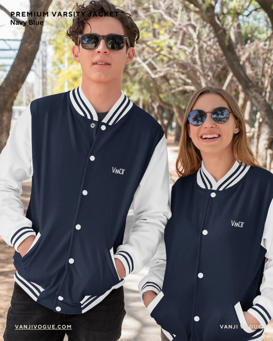 Classic unisex varsity jacket retro streetwear style blue