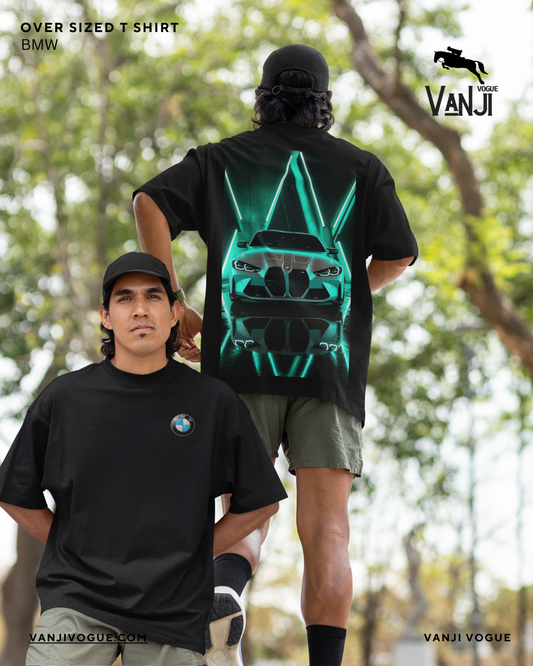 Black oversized t-shirt with BMW logo front and neon BMW inspired streetwear car graphic on back