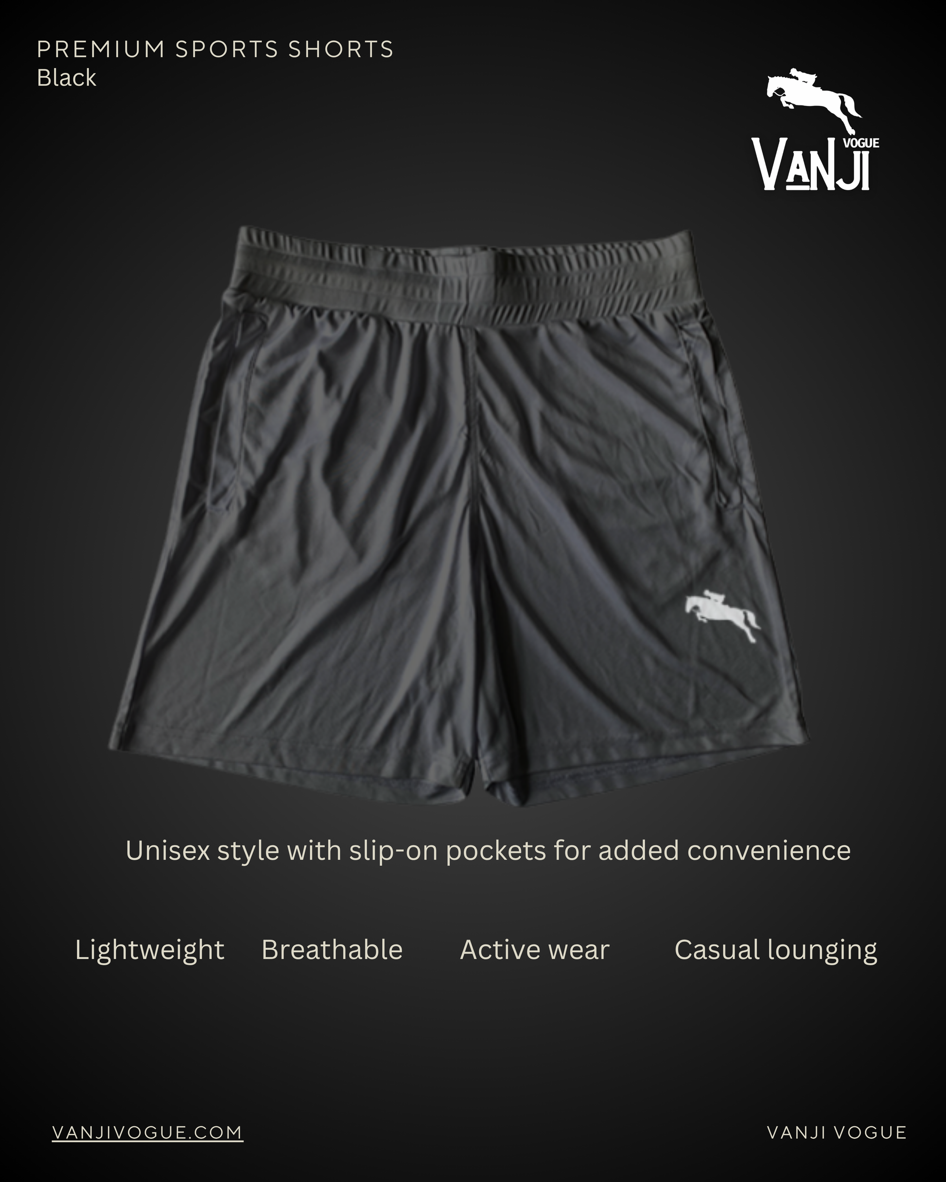 Black breathable sports shorts for men and women with slip-on pockets and lightweight fabric