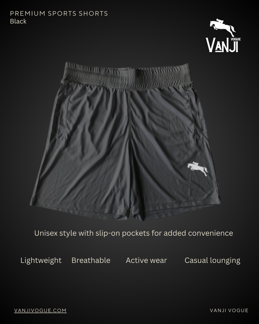 Black breathable sports shorts for men and women with slip-on pockets and lightweight fabric
