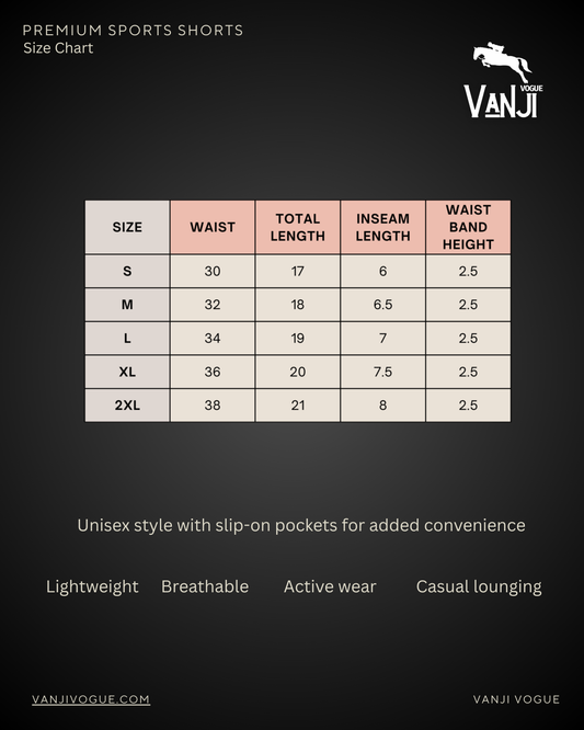 Size chart for breathable sports shorts for men and women with waist and length measurements